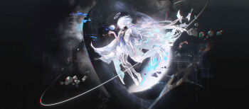 1girl absurdres breasts chinese_commentary chromatic_aberration commentary_request cui_suika debris dress english_text floating_hair grey_hair halo hand_up high_heels highres id_card jacket logo long_hair mornye_(wuthering_waves) official_art planet purple_dress red_eyes see-through_body sky small_breasts solo space star_(sky) starry_sky very_long_hair white_jacket wuthering_waves