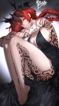 1girl angelazmo arm_tattoo ass back_tattoo backless_dress backless_outfit bare_shoulders barefoot black_dress black_horns breasts character_request copyright_request crown dashed_eyes dress freckles highres horns knees_up large_breasts leg_tattoo legs long_hair looking_at_viewer lying no_bra no_panties on_side parted_lips plunging_neckline red_eyes red_hair slit_pupils solo sparkle tattoo very_long_braid