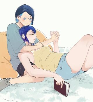 2girls black_shorts blue_eyes blue_hair blue_shorts book braid closed_mouth commentary crown_braid cuddling grey_shirt grey_socks gundam gundam_suisei_no_majo holding holding_book holding_hands interlocked_fingers mak_(kainemaru) multiple_girls nika_nanaura reclining sabina_fardin shirt short_hair shorts simple_background smile socks tank_top white_background yellow_eyes yellow_tank_top yuri