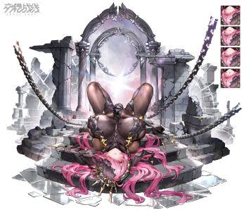 absurdres bodysuit breasts chain character_request commentary_request crosscore hair_between_eyes highres interlocked_fingers large_breasts looking_at_viewer lying multiple_expressions official_art on_back pink_eyes pink_hair ruins skin_tight spread_legs stairs surfing_orange