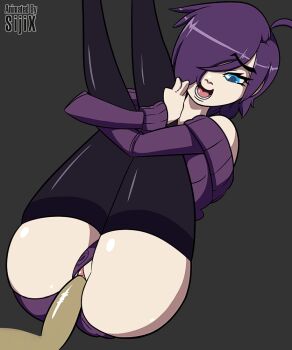 1boy 1girl animated animated_gif bare_shoulders blue_eyes clitoris clothed_female_nude_male clothing_aside erection hair_over_one_eye happy_sex hetero hugging_own_legs leg_lift legs_up missionary nude open_mouth original pale_skin panties panties_aside penis purple_hair pussy sex sijix smile thighhighs uncensored underwear vaginal zone-tan