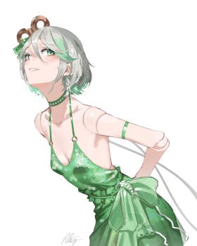 1girl alternate_costume arms_behind_back braid breasts cecilia_immergreen doll_joints dress gradient_hair green_dress green_eyes green_hair grey_hair hair_between_eyes highres hololive hololive_english joints multicolored_hair radical_highway short_hair simple_background small_breasts solo virtual_youtuber white_background winding_key