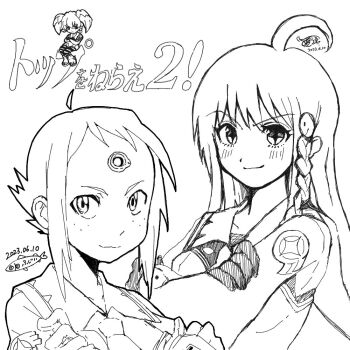 Rule 34 | 2023, 2girls, ahoge, braid, copyright name, dated, greyscale, long hair, looking at viewer, monochrome, multiple girls, osakana tomika, smile, top wo nerae! (series), top wo nerae 2!, white background