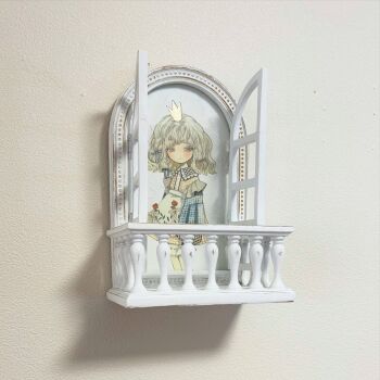 1girl acrylic_paint_(medium) apron balcony bare_legs bloomers blue_sleeves blunt_bangs blush border bow closed_mouth collared_shirt commentary_request crown curly_hair dress feet_out_of_frame floral_print frilled_apron frills gingham_clothes gingham_dress grey_eyes hair_bow half-closed_eyes highres karintoun long_eyelashes long_sleeves looking_at_viewer medium_hair original painting_(medium) pale_skin patchwork_clothes photo_(medium) postmark shirt solo standing straight-on traditional_media underwear watercolor_(medium) wavy_hair white_apron white_background