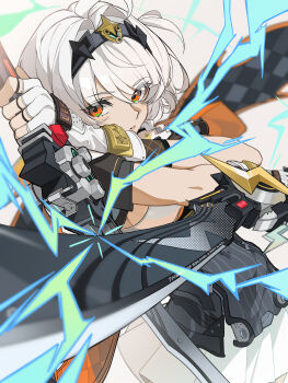 1girl absurdres ahoge anby_demara anby_demara_(silver_soldier) black_hairband blurry blurry_foreground braid braided_sidelocks commentary_request covered_navel cowboy_shot crossed_arms dual_wielding fingerless_gloves gloves grey_background grey_hair hair_intakes hairband highres holding holding_sword holding_weapon jizaier leaning_back lightning looking_at_viewer motion_blur motion_lines orange_eyes parted_bangs short_hair shrug_(clothing) sideboob_cutout skirt solo sparks sword weapon white_gloves white_shrug white_skirt zenless_zone_zero