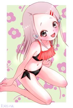 1girl ajisai_(kunoichi_tsubaki_no_mune_no_uchi) bikini black_bikini black_eyes blush breasts collarbone dot_nose female_focus from_above from_side full_body green_background grey_hair hands_on_own_feet head_tilt kunoichi_tsubaki_no_mune_no_uchi loli long_hair looking_at_viewer looking_to_the_side looking_up multicolored_bikini navel open_mouth pink_background red_bikini rurito0725 side-tie_bikini_bottom sidelocks simple_background sitting small_breasts smile solo straight_hair swimsuit three-toned_background two-tone_bikini wariza white_background