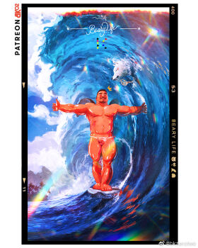 1boy asian bara bk_zerotwo facial_hair goatee happy large_pectorals male_focus male_swimwear male_swimwear_aside mini_wings muscular muscular_male mustache navel navel_hair nipples ocean original outstretched_arms pectorals pencil_mustache penis refraction short_hair smile solo sparse_chest_hair spread_arms standing stomach strongman_waist surfboard surfing swim_briefs tan thick_eyebrows thick_thighs thighs uncensored water waves wings wolf