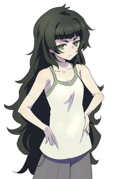1girl bare_shoulders blunt_bangs collarbone commentary_request cowboy_shot frown green_eyes green_hair green_trim grey_shorts hands_on_own_hips highres hiyajou_maho long_hair looking_at_viewer messy_hair sadarann science_adventure shorts simple_background solo steins;gate steins;gate_0 tank_top very_long_hair white_background