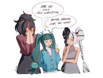 3girls absurdres alternate_costume android aragiken bare_shoulders black_hair black_skirt blush braid braided_sidelocks braided_twintails chinese_clothes closed_eyes commentary covering_face dialyn_(zenless_zone_zero) dress english_commentary english_text green_hair green_jacket grey_dress hair_extensions hair_ornament hand_on_own_chin highres index_finger_raised jacket multicolored_hair multiple_girls open_mouth orange_hair orange_streaks panda_hair_ornament ponytail qingyi_(zenless_zone_zero) red_shirt ring_hair_extensions shirt sidelocks simple_background skirt sleeveless sleeveless_dress speech_bubble sphere_hair_ornament split-color_hair streaked_hair twintails white_background white_hair yellow_eyes zenless_zone_zero zhu_yuan