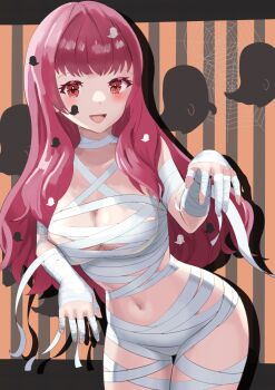 Rule 34 | 1girl, absurdres, bandages, breasts, cleavage, facial mark, fire emblem, fire emblem engage, hair ornament, halloween, halloween costume, highres, large breasts, long hair, looking at viewer, midriff, mummy costume, naked bandage, navel, nintendo, red eyes, red hair, smile, solo, star (symbol), star facial mark, star hair ornament, stomach, tarutaru193, upper body, yunaka (fire emblem)