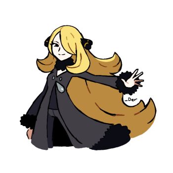 1girl artist_name black_coat black_pants black_shirt blonde_hair closed_mouth coat cynthia_(pokemon) ddder hair_ornament hair_over_one_eye highres long_hair long_sleeves looking_at_viewer nintendo pants pokemon pokemon_dppt shirt smile solo very_long_hair white_background