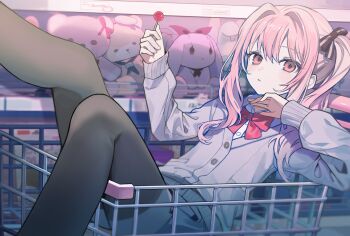 1other 1sh1214 akiyama_mizuki black_pantyhose bow bowtie buttons candy cardigan closed_mouth collared_shirt commentary_request feet_out_of_frame food hair_between_eyes hair_intakes highres holding holding_candy holding_food holding_lollipop in_shopping_cart lollipop long_hair long_sleeves looking_at_viewer other_focus pantyhose pink_eyes pink_hair project_sekai purple_cardigan red_bow red_bowtie school_uniform shirt shopping_cart side_ponytail sidelocks solo tracen_school_uniform white_shirt