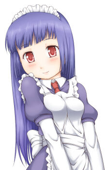 Rule 34 | 1girl, alice (ragnarok online), apron, blue hair, blunt bangs, blush, breasts, closed mouth, collared dress, commentary request, dress, haty, layered sleeves, long hair, long sleeves, looking at viewer, maid, maid headdress, medium breasts, necktie, purple dress, ragnarok online, red eyes, red necktie, short over long sleeves, short sleeves, simple background, smile, solo, upper body, white apron, white background