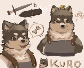1boy animal_ear_fluff animal_ears apizbau armor artist_self-insert black_fur bone chibi closed_mouth commentary dog_boy dog_ears animal_nose dungeon_meshi english_text furry furry_male highres kobold kuro_(dungeon_meshi) looking_at_viewer looking_to_the_side male_focus scabbard sheath speech_bubble spoken_object spoken_squiggle squiggle sword symbol-only_commentary tongue tongue_out weapon white_fur