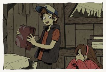 1boy 1girl baseball_cap black_eyes black_vest book border brown_hair dipper_pines gravity_falls hairband hat holding holding_book kumao_(uexxww) long_hair mabel_pines open_mouth pink_hairband red_shirt red_sweater shirt short_sleeves sleeves_past_fingers sleeves_past_wrists sweater vest