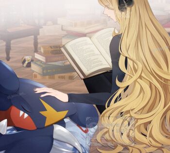 1girl black_pants black_shirt blonde_hair book claws closed_mouth cynthia_(pokemon) garchomp gen_4_pokemon hair_ornament headpat holding holding_book long_hair long_sleeves luxury_ball nintendo pants pile_of_books poke_ball pokemon pokemon_(creature) pokemon_diamond/pearl/platinum reading sakaralalala sharp_teeth shirt sitting sleeping teeth very_long_hair