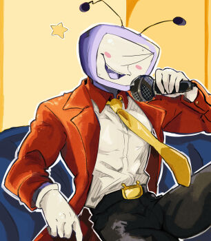 1boy :d ant_tenna black_pants blush coat crt deltarune gloves highres holding holding_microphone microphone necktie object_head open_mouth pants radio_antenna sitting smile star_(symbol) sweat tailcoat utdr_(toby_fox) white_gloves yellow_necktie