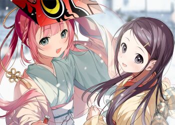 2girls :d almic aqua_eyes black_hair blunt_bangs blurry blurry_background blush braid charlotte_(anime) child commentary_request company_connection crossover eyelashes fang floating_hair green_kimono grey_eyes hair_ornament hair_over_shoulder hairclip head_tilt highres holding holding_string japanese_clothes kamiyama_shiki key_(company) kimono kite kite_string long_hair long_sleeves looking_at_viewer multiple_girls open_mouth otosaka_ayumi outdoors parted_bangs ponytail red_hair second-party_source smile snowing straight_hair string summer_pockets tassel tassel_hair_ornament twin_braids very_long_hair wide_sleeves winter yellow_kimono