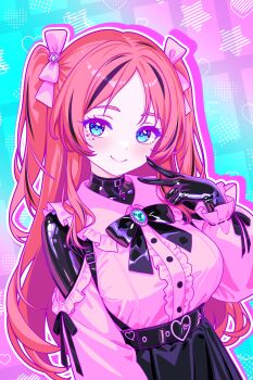 Rule 34 | 1girl, absurdres, bass clef, black choker, blue eyes, bodysuit, bodysuit under clothes, breasts, choker, commentary, detached sleeves, english commentary, finn flint, frilled shirt, frills, highres, indie virtual youtuber, jirai kei, large breasts, latex, latex bodysuit, long hair, looking at viewer, melody note (vtuber), pink shirt, pleated skirt, red hair, shiny clothes, shirt, skirt, solo, standing, twintails, v, very long hair, virtual youtuber