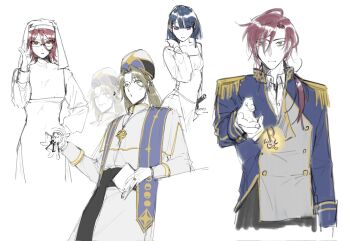 2boys 2girls adjusting_eyewear blonde_hair blue_hair blue_jacket breasts closed_mouth collared_shirt cowboy_shot dot_nose dress fire frown glasses green_eyes hair_between_eyes hand_on_own_hip hand_up highres holding holding_key jacket jewelry key long_hair long_sleeves looking_at_viewer looking_to_the_side medium_hair multiple_boys multiple_girls necklace original purple_eyes purple_hair red_eyes ring robe shirt short_hair simple_background sketch small_breasts smile star_(symbol) star_necklace tongue tongue_out unholymilk upper_body white_background yellow_eyes