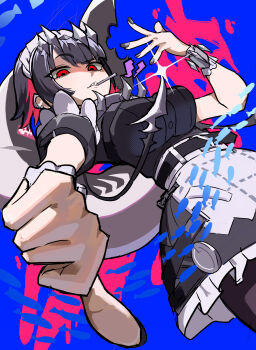 1girl absurdres animal_print black_dress black_hair black_nails black_pantyhose blue_background broken_heart clenched_teeth colored_inner_hair commentary_request cowboy_shot dress earclip ellen_joe fins fish_print fish_tail from_below hairband hand_up heart highres kraken_bio lollipop_in_mouth looking_at_viewer maid_headdress metal_hairband multicolored_hair pantyhose raised_eyebrow red_eyes scar scar_on_tail shark_girl shark_tail sharp_teeth short_hair solo sparkle spiked_headband tail teeth thumbs_down zenless_zone_zero