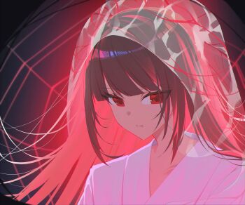 1girl absurdres black_hair bridal_veil closed_mouth collarbone hi_i_dubu highres hood japanese_clothes kimono limbus_company long_hair looking_at_viewer multicolored_hair project_moon red_eyes red_hair ryoshu_(project_moon) see-through_clothes shiromuku silk solo spider_web two-tone_hair uchikake veil wataboushi white_kimono