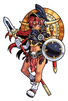 Rule 34 | 1girl, amunisuta, ankle boots, armor, black armor, boots, chain belt, closed mouth, dark-skinned female, dark skin, elbow gloves, gloves, gold armor, gold trim, harakawa mitsuhiro, helmet, holding, holding polearm, holding shield, holding weapon, long hair, midriff, multicolored armor, navel, official art, pelvic curtain, polearm, red eyes, red hair, sheath, shield, shinrabanshou, skull belt, solo, spear, sword, third-party source, transparent background, usekh collar, weapon, white boots, white gloves