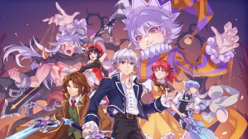 2girls 5boys alecto_(tales_weaver) antenna_hair artist_request badge bare_pectorals bare_tree bell belt belt_buckle beret black_cape black_cross_tie black_hair black_pants black_ribbon black_shorts black_sleeves black_vest blue_coat blue_hair blue_jacket blue_sleeves bow breasts brown_belt brown_bow brown_cape brown_eyes brown_hair brown_sleeves buckle button_eyes buttons cape capelet center_frills chained_wrists chest_tattoo clamor_(tales_weaver) clarice_de_avril clenched_hands coat collar collarbone collared_shirt cowboy_shot cross-laced_clothes cross-laced_dress cross_tie dress dress_pants fangs floppy_ears frilled_collar frilled_dress frilled_sleeves frills glasses glowing glowing_eyes gold_buckle gold_buttons gradient_background greatsword green_eyes green_vest grey_eyes grey_hair grin gun hair_between_eyes hair_ribbon hat highres holding holding_gun holding_sword holding_weapon ispin_charles jacket jester_cap jester_costume jingle_bell joshua_von_arnim lanziee_rozen_kranz lapels left-handed light_particles looking_at_viewer marionette maximin_liebkne medium_breasts multicolored_jacket multiple_boys multiple_girls muscular muscular_male neck_ruff necktie nexon official_art open_clothes open_coat open_hand open_jacket open_mouth orange_hat orange_romper orange_sleeves pants parted_lips pectorals pinafore_dress poet_shirt popped_collar puffy_short_sleeves puffy_sleeves puppet puppet_strings purple_hat purple_romper purple_sleeves red_hair red_hat red_jacket red_necktie red_pupils ribbon ringed_eyes romper second-party_source shirt shirt_bow shirt_tucked_in short_sleeves shorts shoulder_tattoo silver_chain sleeve_cuffs sleeveless sleeveless_dress sleeveless_jacket smile spiked_cape split_mouth striped_sleeves stuffed_animal stuffed_rabbit stuffed_toy sword tales_weaver tattoo teeth tongue topless_male tree two-tone_hat two-tone_jacket two-tone_romper two-tone_sleeves undershirt v-shaped_eyebrows vest waistcoat weapon white_capelet white_hair white_jacket white_shirt wing_collar yellow_dress yellow_eyes