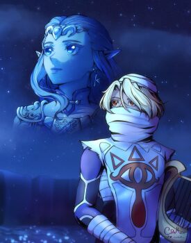 2girls androgynous armor bandaged_arm bandaged_chest bandaged_head bandages bandages_over_mouth blonde_hair blue_eyes chaendeulleo circlet dual_persona earrings gold_armor hair_between_eyes highres holding holding_instrument holding_lyre instrument jewelry long_hair lyre multiple_girls night night_sky nintendo parted_bangs pointy_ears princess_zelda red_eyes sheik short_hair shoulder_armor sidelocks sky super_smash_bros. the_legend_of_zelda the_legend_of_zelda:_ocarina_of_time upper_body