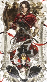 2girls absurdres animal_on_arm apple assassin's_creed:_odyssey assassin's_creed_(series) bird bird_on_arm bracer braid broken_spear brown_bird brown_eyes brown_hair cape column eagle erming225 food fruit golden_apple greek_armor grey_eyes grey_hair hair_bun hands_up hidden_blade_(assassin's_creed) highres holding holding_food holding_fruit holding_polearm holding_weapon hood hood_up kassandra_of_sparta long_hair looking_at_viewer multiple_girls pillar polearm red_cape reverse:1999 rotational_symmetry shirt short_hair single_braid single_side_bun upside-down vertin_(reverse:1999) watermark weapon weibo_watermark white_background white_cape white_hood white_shirt