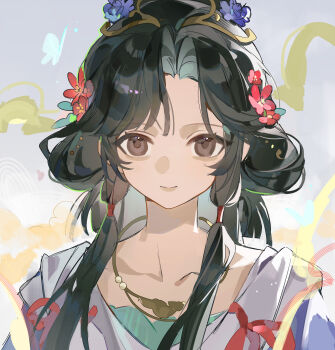 1girl absurdres black_eyes black_hair chinese_clothes closed_mouth flower grey_background hagoromo hair_flower hair_ornament hanfu highres jiao_qiang_bu_sha jiu_niangzi jiu_niangzi_(blossom_spring_fairy) long_hair official_alternate_costume parted_bangs portrait purple_flower red_flower reverse:1999 shawl smile solo yellow_shawl