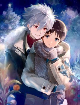 1boy 2boys black_coat black_gloves blue_eyes blush brown_hair closed_mouth coat commentary fur-trimmed_coat fur_trim gloves grey_hair hair_between_eyes highres hood hood_down hooded_coat houndstooth hug hug_from_behind ikari_shinji looking_at_another male_focus multiple_boys nagisa_kaworu neon_genesis_evangelion red_eyes red_sweater scarf short_hair smile soraaaa53 sweater symbol-only_commentary turtleneck turtleneck_sweater white_coat white_gloves yaoi