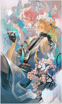 1boy 1girl absurdres asymmetrical_gloves black_gloves blonde_hair bug butterfly butterfly_on_hand chinese_clothes closed_mouth crossed_bangs earrings ershisi_shao_qing eyelashes flower gloves hair_between_eyes hair_ornament hair_stick hand_fan high_ponytail highres holding holding_fan insect jade_bracelet jewelry long_hair long_sleeves looking_at_animal looking_up mismatched_gloves original pink_eyes pink_hair ponytail sidelocks sitting white_butterfly white_flower wide_sleeves