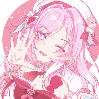 1girl ;o beret breasts chinese_commentary cleavage commentary_request diamond-shaped_pupils diamond_(shape) dress earrings elf elysia_(hi_love_elf)_(honkai_impact) elysia_(honkai_impact) hat heart heart_earrings highres honkai_(series) honkai_impact_3rd jewelry large_breasts long_hair looking_at_viewer multicolored_hair one_eye_closed oval_background pink_hair pointy_ears purple_eyes red_background red_dress solo spades_(xiaohongshu_2203766198) symbol-shaped_pupils two-tone_hair upper_body very_long_hair white_background white_hair