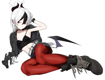 1girl armpits belt black_boots black_choker black_gloves black_hair black_jacket black_skirt black_tank_top black_wings blue_archive boots breasts choker cleavage closed_mouth collarbone commentary_request ear_piercing earrings fataaa gloves grey_hair hair_between_eyes highres jacket jewelry kayoko_(blue_archive) lace-up_boots long_hair long_sleeves looking_at_viewer midriff mole mole_on_neck navel pantyhose piercing puffy_long_sleeves puffy_sleeves red_eyes red_pantyhose single_wing skirt small_breasts solo tank_top white_background white_belt wings wristband