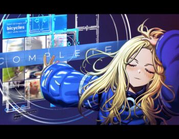 1girl adjusting_hair android arm_up artist_name blonde_hair blue_coat blush captcha closed_eyes closed_mouth coat commentary diana_(pragmata) english_commentary facing_viewer gameplay_mechanics hair_slicked_back hand_on_own_head hzor_(4422865) long_hair long_sleeves meme naoya_hitting_choso_without_looking_(meme) outstretched_arm padded_coat pragmata puffy_coat puffy_long_sleeves puffy_sleeves solo