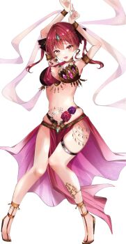Rule 34 | 1girl, arabian clothes, blush, breasts, cleavage, commentary request, full body, heterochromia, highres, hololive, honnoshioriii, houshou marine, how about paipai mask? (houshou marine), large breasts, pubic tattoo, red eyes, red hair, simple background, solo, tattoo, twintails, virtual youtuber, white background, yellow eyes