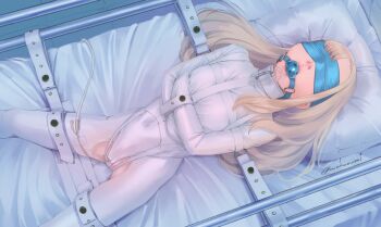 1girl ball_gag bdsm blindfold blonde_hair bondage bound bound_arms bow catheter clothing_cutout crotch_cutout from_above gag hair_bow hairband leotard long_hair lying nonkazumi on_back original pantyhose_cutout restrained solo straitjacket white_leotard