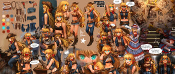 absurdres ahoge aiming aqua_eyes artist_name at_gunpoint bandana bandana_around_neck bandana_over_mouth black_bra blonde_hair blush boots bound bra brown_boots character_name closed_mouth coin_stack color_guide compilation cowboy_boots cowboy_western crop_top crying denim denim_jacket disembodied_arm disembodied_hand elbow_gloves english_text female_focus fingering fingering_through_clothes frown gagged gloves grabbing_another's_breast groping gun handgun highres horse horseback_riding incredibly_absurdres jacket kaneeru knee_boots long_hair looking_at_viewer midriff multiple_girls multiple_views musical_note navel open_mouth original red_bandana reference_sheet revolver riding rop rope signature simple_background speech_bubble star_(symbol) through_clothes torn_clothes underwear wanted_poster weapon whistling winona_west