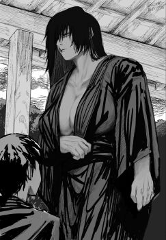 Rule 34 | 1boy, 1girl, black hair, breasts, cleavage, collarbone, comic panel redraw, derivative work, fushiguro toji, genderswap, genderswap (mtf), hair over one eye, japanese clothes, jiatang, jujutsu kaisen, kimono, large breasts, long hair, monochrome, zen'in naoya