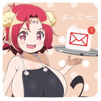 1girl apron breasts cleavage commentary_request demon_girl demon_horns fang forehead_tattoo horns huge_breasts joutarou_(punianikobo) naked_apron notification oppai_loli original pointy_ears polka_dot polka_dot_background red_eyes red_hair short_hair solo tattoo tray upper_body