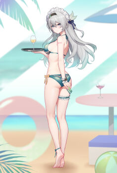 1girl absurdres alternate_costume aqua_bikini ass barefoot beach bikini blush breasts card chinese_commentary closed_mouth commentary_request cup drinking_glass feet firefly_(honkai:_star_rail) frilled_hairband frilled_thigh_strap frilled_wristband frills full_body grey_hair hair_ornament hairband highres holding holding_card holding_tray honkai:_star_rail honkai_(series) kneepits large_variant_set long_hair looking_at_viewer maid_headdress medium_breasts paid_reward_available purple_eyes soles solo standing swimsuit thigh_strap thighs tray variant_set white_hairband white_headdress wristband yunkaiming