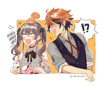 Rule 34 | !?, 1boy, 1girl, ahoge, animal, animal on head, bartender, beer can, black choker, black hair, black ribbon, blush, brown hair, can, choker, clothing cutout, coll (erichankun), drink can, grey shirt, hair between eyes, holding, hololive, holostars, laughing, long hair, looking at another, multicolored hair, natsuiro matsuri, natsuiro matsuri (casual), on head, open mouth, orange hair, out of frame, plaid clothes, plaid shirt, ribbon, shirt, short hair, shoulder cutout, signature, tearing up, twintails, twitter username, two-tone hair, upper body, virtual youtuber, white eyes, yukoku roberu, yukoku roberu (1st costume)