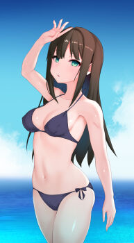 1girl arm_up bikini brown_hair cloud green_eyes idolmaster idolmaster_cinderella_girls navel okuri_banto shibuya_rin solo swimsuit water