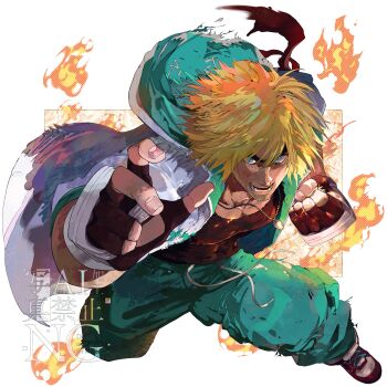 Rule 34 | 1boy, black gloves, blonde hair, blue eyes, blue pants, boots, brown boots, brown coat, clenched hand, coat, commentary request, fingerless gloves, fire, full body, gloves, highres, jewelry, ken masters, male focus, pants, pendant, short hair, solo, street fighter, street fighter 6, watermark, white background, y. .y