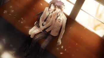 1boy 1girl aoi_sena blazer blue_hair blurry blurry_background broken_glass brown_jacket buttons chaos;head chaos;head_love_chu_chu! collarbone collared_shirt couple day dirty dirty_clothes dirty_face dutch_angle ears_visible_through_hair earthquake game_cg glass grey_eyes hand_on_another&#039;s_head hand_on_another&#039;s_leg hand_on_another&#039;s_thigh hetero holding_hands jacket lapels leaning_on_person long_hair long_sidelocks long_sleeves looking_at_another loose_necktie matsuo_yukihiro messy_hair necktie nishijou_takumi non-web_source notched_lapels official_art open_clothes open_collar open_jacket open_mouth pants plaid_clothes plaid_necktie plaid_pants plaid_skirt pleated_skirt purple_eyes purple_necktie purple_pants purple_skirt red_trim school_emblem school_uniform science_adventure shiny_eyes shirt sidelocks sitting skirt streetcar suimei_academy_school_uniform suimei_school_uniform sunlight sunset thighs_together white_shirt window