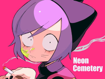 Rule 34 | 1boy, animal hat, black eyes, blood, blood on face, cat hat, cigarette, english text, facial mark, green blood, hand up, hat, highres, holding, holding cigarette, looking at viewer, male focus, neko oven, nyen (randal's friends), pink background, portrait, purple hair, randal's friends, short hair, simple background, smoke, solo, sweater, turtleneck, turtleneck sweater, whisker markings