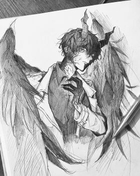 1boy black_hair black_shirt black_wings coat collared_shirt colored_extremities colored_veins commentary cowboy_shot cracked_skin demon_horns english_commentary feathered_wings graphite_(medium) greyscale half-closed_eyes hand_on_own_chest head_tilt highres horns kim_dokja looking_at_viewer male_focus monochrome naasmcuti2217 official_alternate_costume omniscient_reader&#039;s_viewpoint open_clothes open_coat partially_shaded_face popped_collar shirt short_hair solo traditional_media white_coat wings
