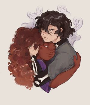 1boy 1girl ;) black_hair black_shirt brother_and_sister brown_hair commentary curly_hair dark-skinned_female dark_skin english_commentary expressionless ghost grey_shirt hazel_levesque highres hug itsis0k long_sleeves looking_at_viewer nico_di_angelo one_eye_closed percy_jackson_and_the_olympians purple_shirt shirt short_hair siblings skeleton_print smile undershirt upper_body