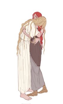 1boy 1girl barefoot blonde_hair brother_and_sister elden_ring fromsoftware highres hug long_hair malenia_blade_of_miquella miquella_(elden_ring) onex111x prosthesis prosthetic_leg red_hair siblings